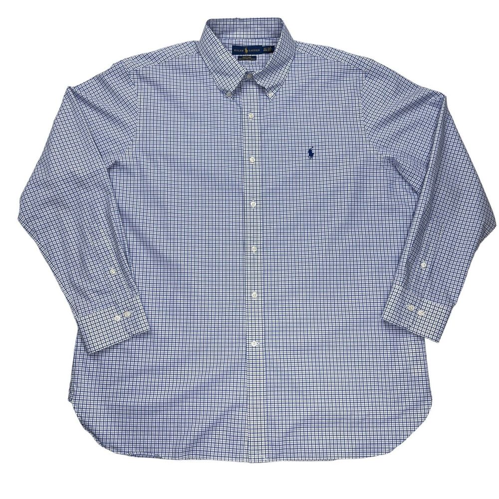 Ralph Lauren‎ Shirt Mens Sz 17.5 34/35 Blue Easy Care Cotton Stretch Check Plaid